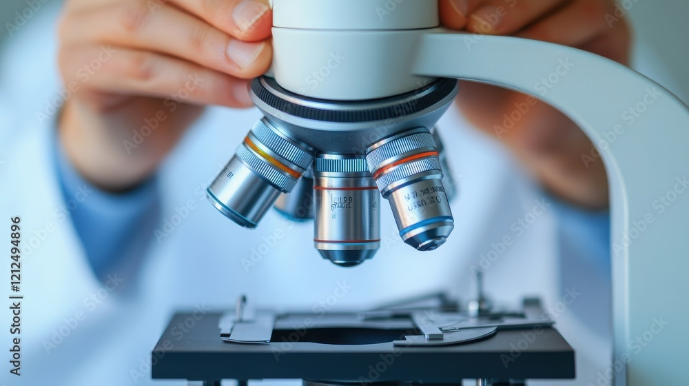 Poster a close-up view of a scientist's hands adjusting a microscope for detailed observations and research