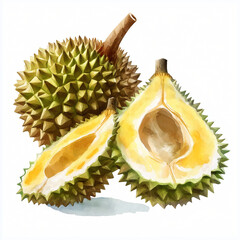 Obraz premium A watercolor sliced durian painting illustration isolated on a white background, a sliced durian illustration, painting, AI