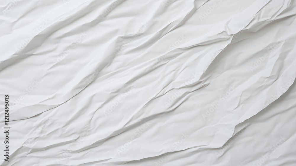 Aufkleber Minimalist high-resolution close-up of crumpled white paper surface. Smooth yet rippled texture with visible creases and folds. Even lighting enhances depth, realism, and tactile impression. A modern,