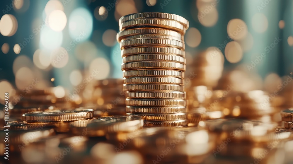 Poster stacks of shining coins arranged neatly, surrounded by captivating bokeh lights which create a magic