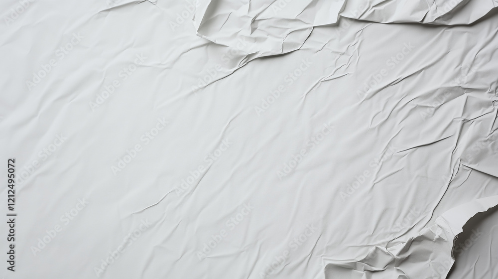 Poster Minimalist high-resolution close-up of crumpled white paper surface. Smooth yet rippled texture with visible creases and folds. Even lighting enhances depth, realism, and tactile impression. A modern,
