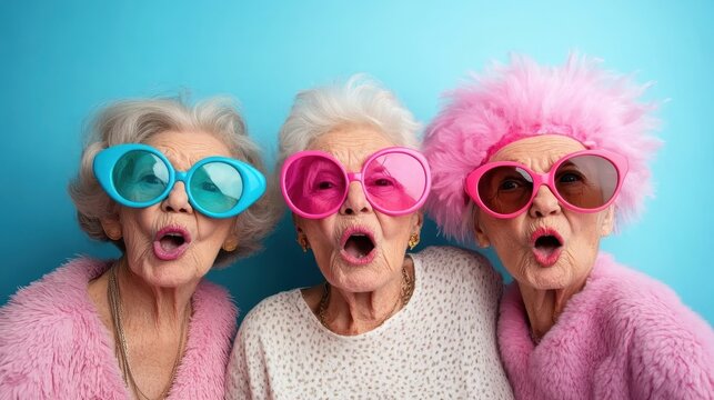 Three lively elderly women showcase their vibrant personalities, wearing oversized sunglasses and expressive outfits, radiating joy and fun against a bright backdrop.