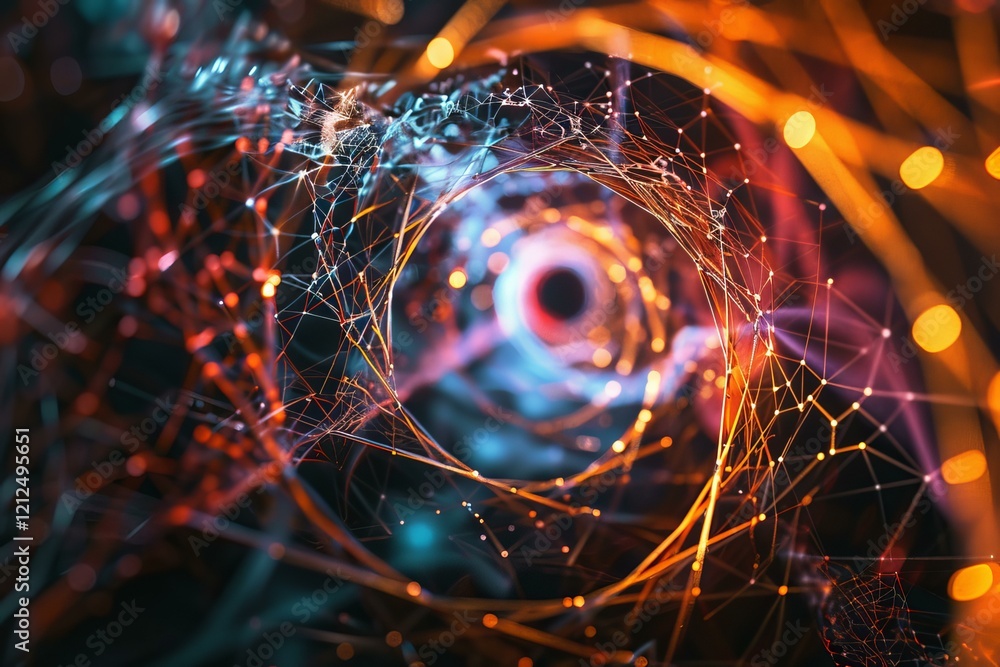 Poster abstract background with intertwined network of lines and glowing nodes forming a tunnel