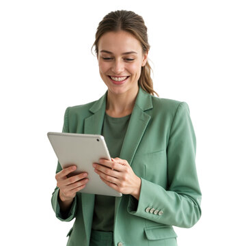 Elegant professional in green suit holding a tablet, no background