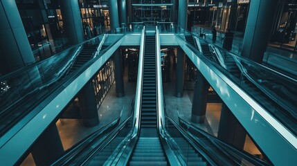 Fototapeta premium Modern building interior with three escalators.