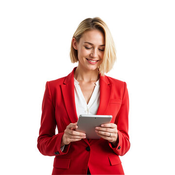 Elegant professional in red suit holding a tablet, no background