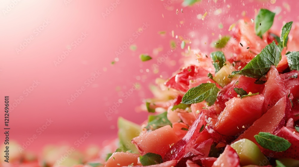 Poster a dynamic composition of assorted fruits bursting with colors, herbs, and splashes, encapsulating th