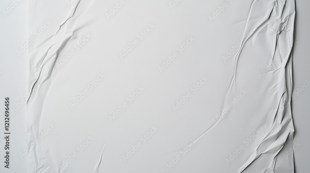 Poster Minimalist high-resolution close-up of crumpled white paper surface. Smooth yet rippled texture with visible creases and folds. Even lighting enhances depth, realism, and tactile impression. A modern,