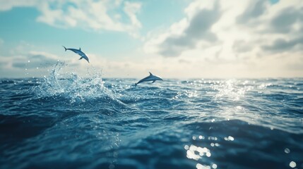Oceanic Dolphins Leaping Breathtaking Marine Scene
