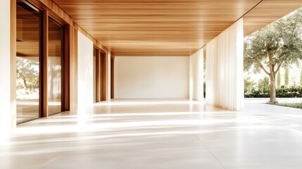 Fototapeta premium An airy room featuring soft light streaming in through large windows, complemented by soft curtains and views of greenery, creating a serene and inviting atmosphere full of tranquility.