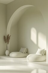 Minimalist interior showcases calming tones, soft curves, and na