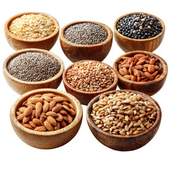Obraz premium Assorted nuts and seeds in wooden bowls on transparent background.