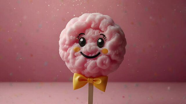 Cotton candy with cute emoticons and pink background. Seamless 4K looping timelapse video animation background