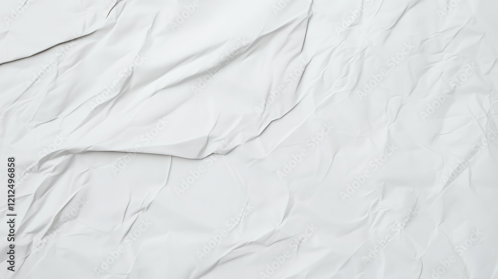 Poster Minimalist high-resolution close-up of crumpled white paper surface. Smooth yet rippled texture with visible creases and folds. Even lighting enhances depth, realism, and tactile impression. A modern,