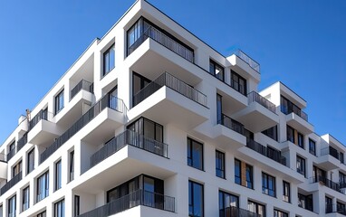 Obraz premium A modern apartment building with multiple balconies, featuring a clean, minimalist design against a clear blue sky.