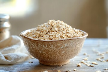 Natural oats arranged in rustic bowl, showcasing texture and war