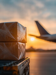 Packages ready for shipment at sunset, with an airplane in the background, highlighting logistics and air transport.