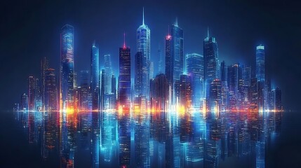 Obraz premium Futuristic cityscape at night, reflected in water.