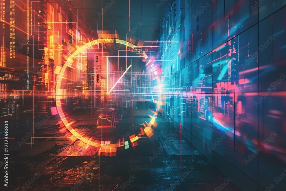 Poster abstract 3d rendering of clock face glowing in digital server room with data flowing