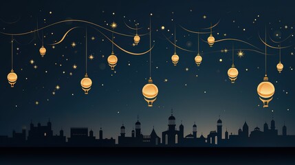 night sky, stars, domed building, silhouette skyline, floating lanterns, golden light, reflective water, magical atmosphere, dreamy landscape, fantasy cityscape, glowing orbs,