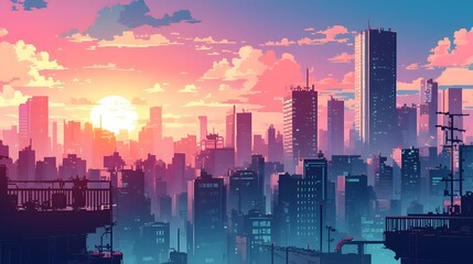 A pixel art representation of a bustling city skyline during a vibrant sunset, showcasing modern buildings