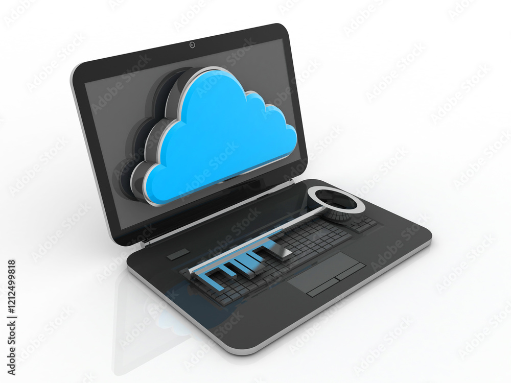 Poster 3d rendering cloud online storage icons with laptop protected key