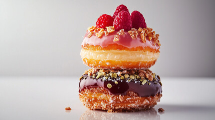 Gourmet raspberry and chocolate glazed doughnuts stacked