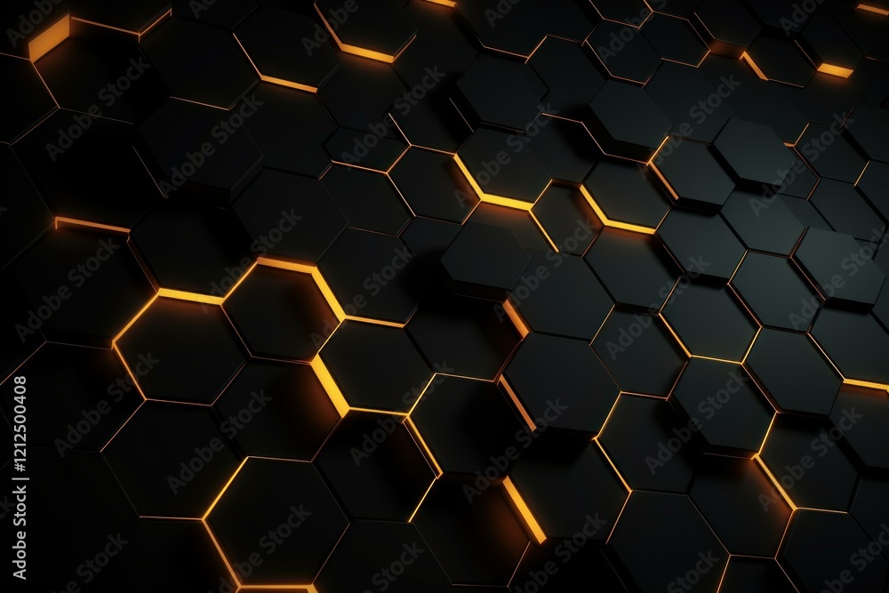 Poster abstract background showing futuristic black hexagonal surface glowing with orange light