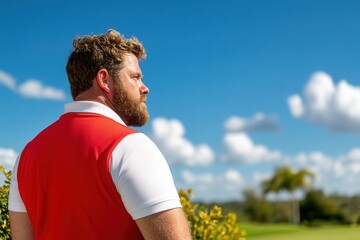 Fototapeta premium Caucasian male in red golf shirt enjoying sunny day at golf course.