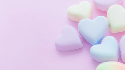 Fototapeta premium Valentines Day heart-shaped candies on pink surface, pastel colors, background