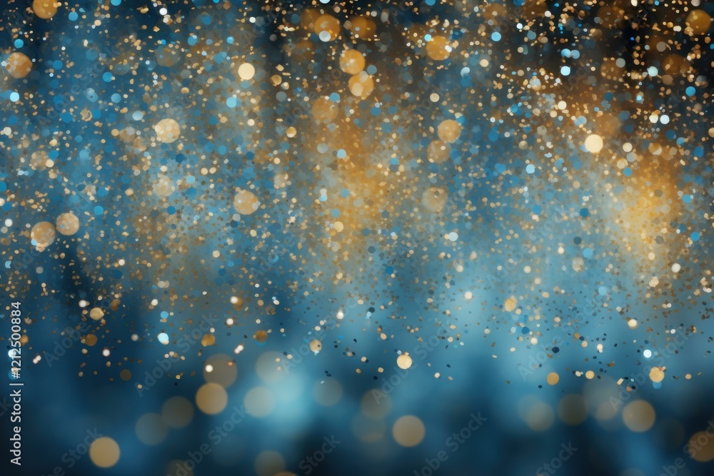 Poster abstract background with festive golden and blue glittering particles falling on a defocused bokeh l