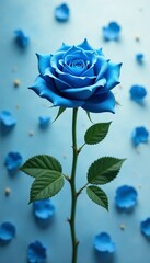 Beautiful blue rose surrounded by petals on a serene blue backdrop.
