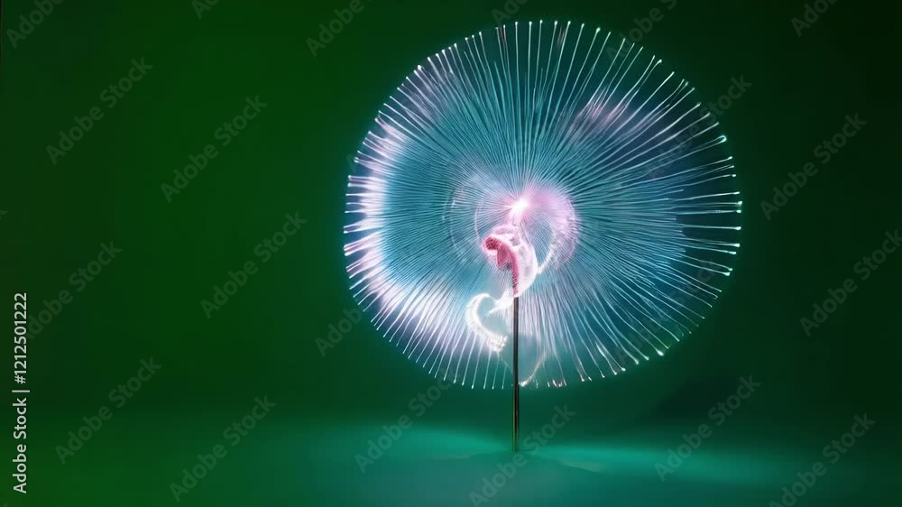 Poster rotating fiber optic lamp creating mesmerizing light and color patterns, glowing with vibrant energy