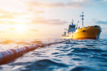 Bright yellow ship glides through serene waters under colorful s