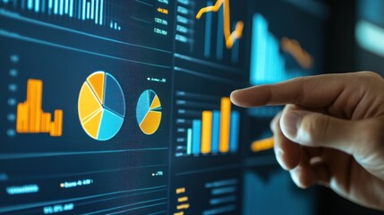 Hand interacting with a digital screen displaying various charts and graphs showing business data analysis.