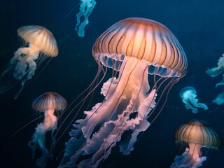 Graceful jellyfish glow with vibrant hues underwater, surrounded by soft ripples and marine life.	