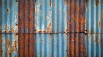 Rusted Corrugated Metal Wall with Blue and Brown Patina Experiencing Natural Weathering and Aging Effects Over Time. Rusted galvanized , texture surface of rusty on galvanize metal	
