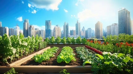Fototapeta premium Skyline garden showcases urban agriculture with lush green plants and vibrant city buildings under a bright blue sky. Generative AI
