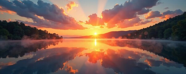 Fototapeta premium Breathtaking sunset over a serene lake, reflecting vibrant colors in the calm water.