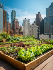 Fototapeta premium Urban rooftop garden showcases thriving plants against a backdrop of skyscrapers in a vibrant city landscape. Generative AI