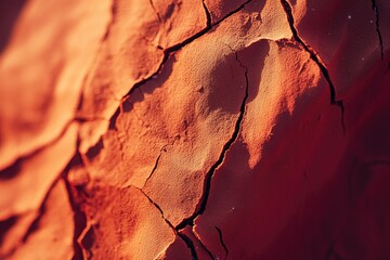 Fototapeta premium Rich orange clay surface reveals intricate cracks and textures,