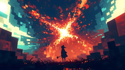 A pixel art scene featuring a character standing at a crossroads, with one path glowing green and another glowing red, symbolizing a significant choice ahead.