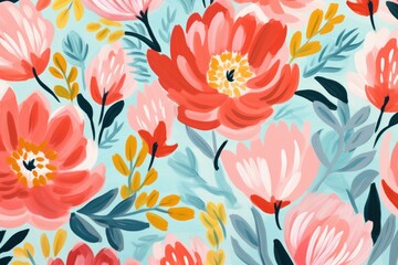Vibrant floral pattern featuring large, expressive blossoms in shades of pink and red, creating a cheerful and artistic design