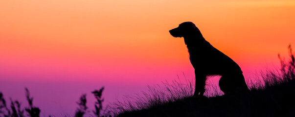 Naklejka premium powerful dog silhouette standing at edge of hill during sunset, showcasing vibrant colors in sky. scene evokes sense of calm and majesty
