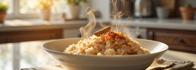 Steaming arroz doce with cinnamon in sunlit kitchen, cozy delight