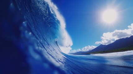Fototapeta premium Majestic ocean wave under the bright sun with clear blue sky and distant mountains.