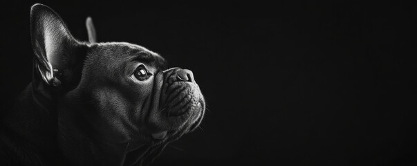 Artistic black and white portrait of French Bulldog, showcasing its expressive features and unique profile against dark background. This captures essence of breed beautifully