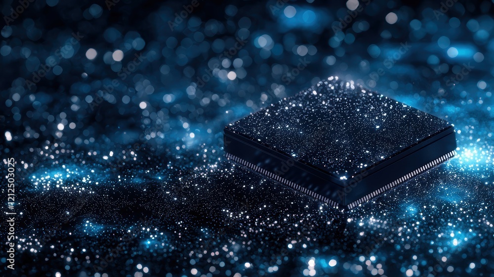 Poster artificial intelligence chip concept on sparkling digital background with blue glow