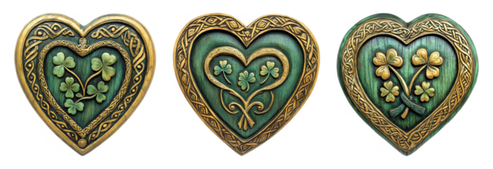 St Patrick's Day element Three ornate heart-shaped designs with floral motifs and intricate golden borders.