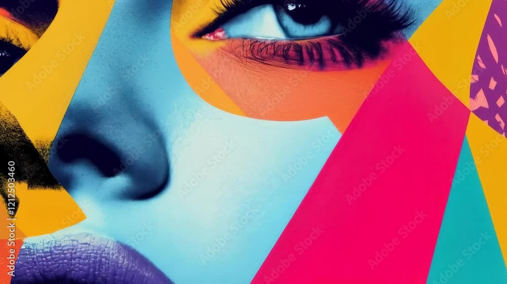 Poster vivid colorful abstract art with bold patterns and expressive faces